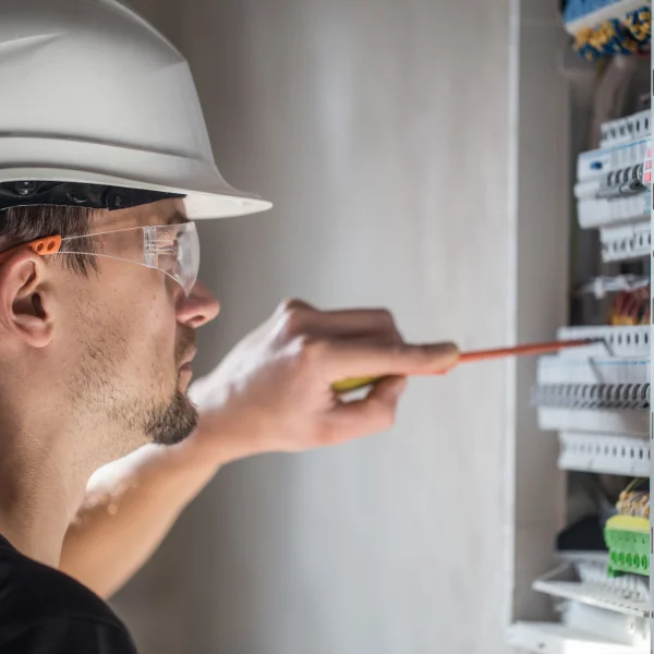 Un homme en casque et lunettes examine un panneau électrique.