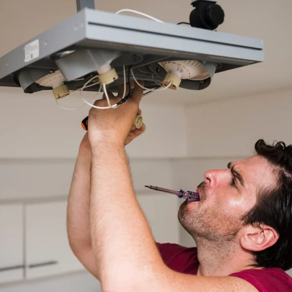 Homme tenant un tournevis, prêt à effectuer des réparations ou des ajustements.