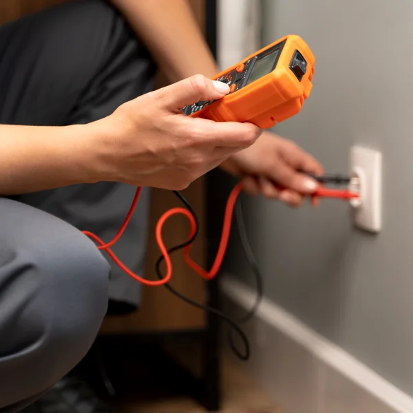 Une personne utilise un voltmètre pour mesurer la tension d'une prise électrique.