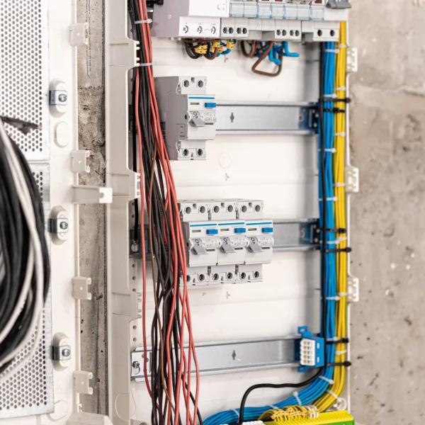 Câblage électrique et fils visibles dans un panneau mural.