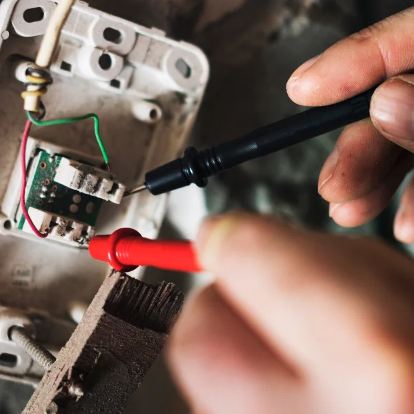 Une personne travaille sur un circuit imprimé avec un outil rouge, dans le cadre de l'électricité résidentielle.